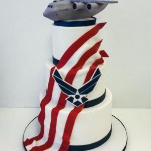 Tiered cake with flag drape and molded C-5 airplane on top. 