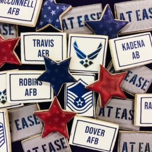 Air Force retirement cookies with bases, rank and “At Ease” cookies. 
