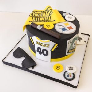 Poker and sports themed birthday cake
