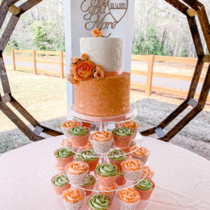 Peachy sparkle cake with cupcakes