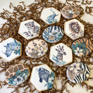 Edible printed safari cookies with painted gold detailing