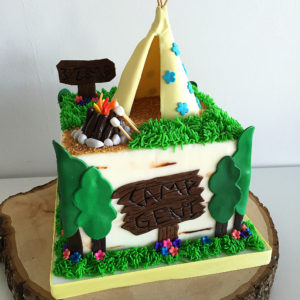 Buttercream square cake with fondant teepee on top.