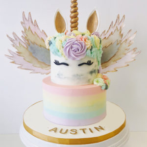 Buttercream unicorn cake with a paste rainbow pattern on the bottom and edible wings