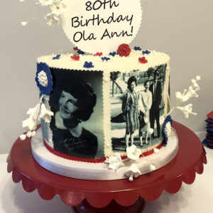 A small birthday cake covered in edible images of her life