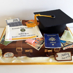 Luggage cake with passport, cap on top
