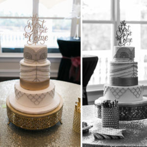 Gold & silver edible beads are hand placed over a four tiered wedding cake.
