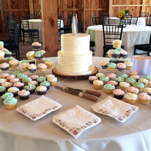 Simple two tiered rustic cake with cupcakes in various colors